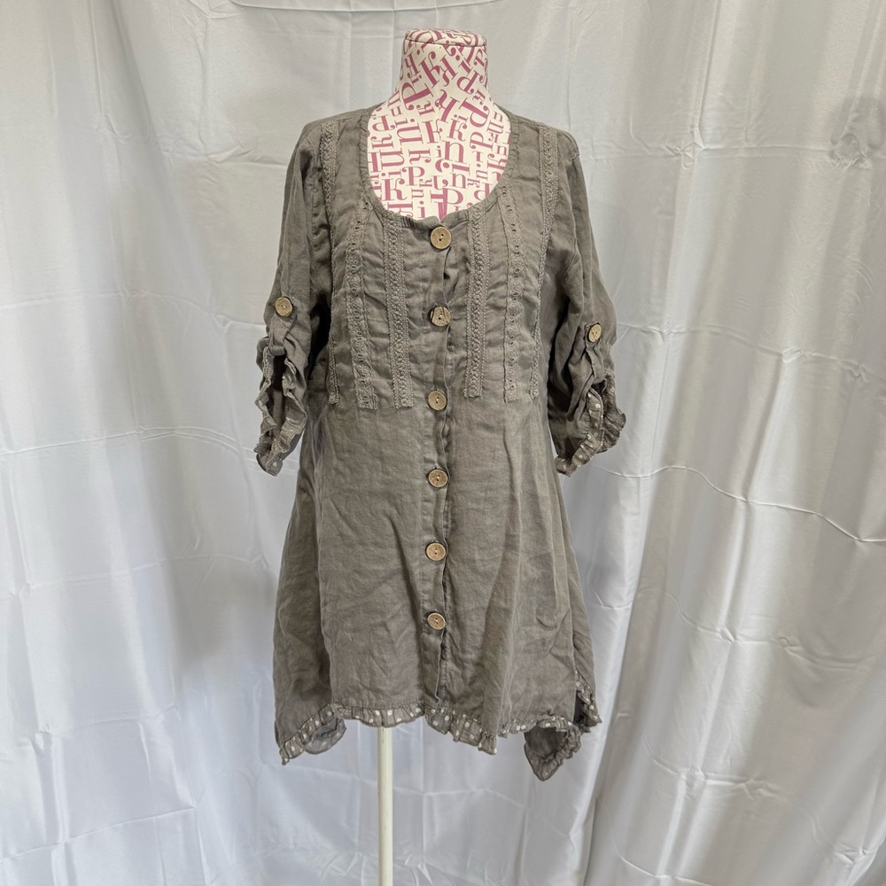 Tera Bora Linen Gypsy Tunic Top Handerkchief Hem‎ Lagenlook Shirt Size 1  (S/M)